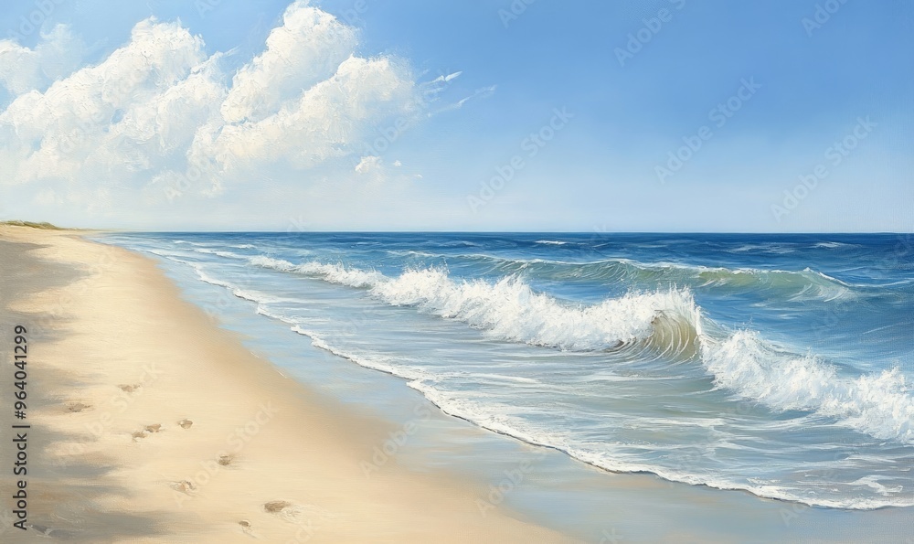 Oil painting depicting a serene beach scene featuring gentle waves and sandy shores under a clear sky Oil painting depicting a serene beach scene featuring gentle waves and sandy shores under a clear sky