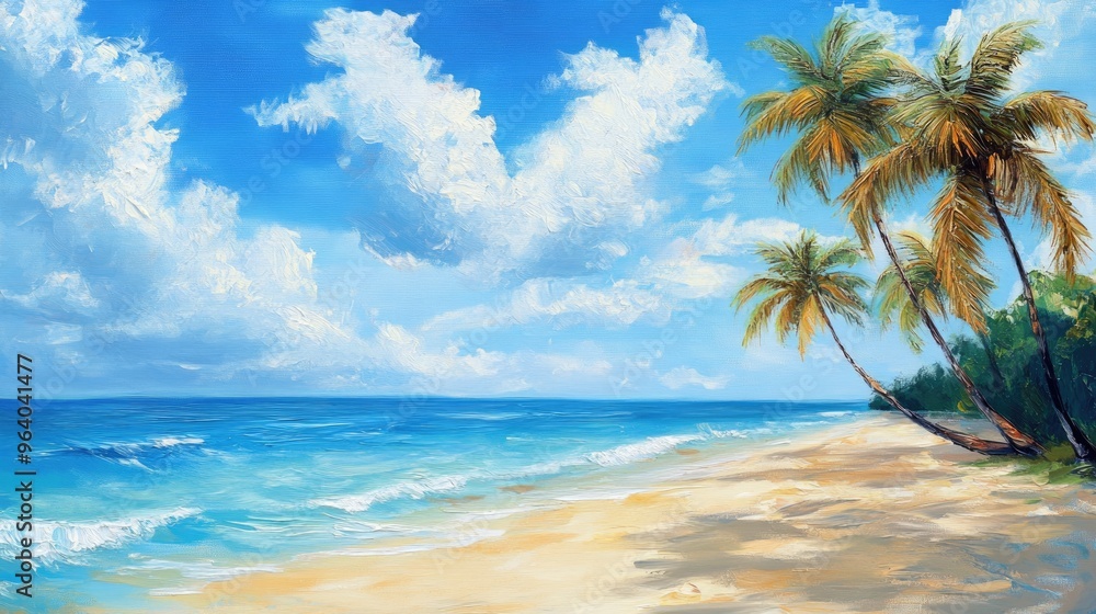 Oil painting depicting a serene beach scene ideal for relaxation and travel featuring palm trees and a vibrant seaside atmosphere perfect for a banner or vacation themed background Oil painting depicting a serene beach scene ideal for relaxation and travel featuring palm trees and a vibrant seaside atmosphere perfect for a banner or vacation themed background