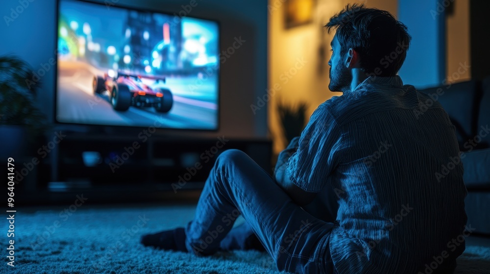Immersed in Competitive Gaming: Determined Man in His 40s Playing Racing Video Game on TV at Home Immersed in Competitive Gaming: Determined Man in His 40s Playing Racing Video Game on TV at Home