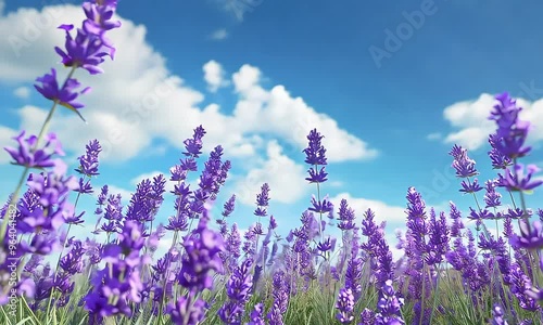 A vibrant field of lavender flowers under a blue sky with fluffy clouds.