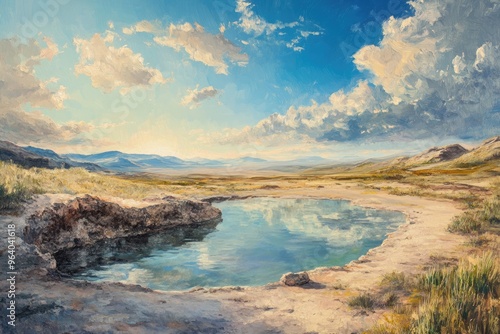 Oil painting depicting a hot spring with a scenic sky view