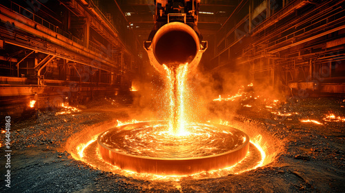 Hot molten iron pours from furnaces, illuminating the steel mill with bright flames and sparks as workers oversee the dynamic smelting process