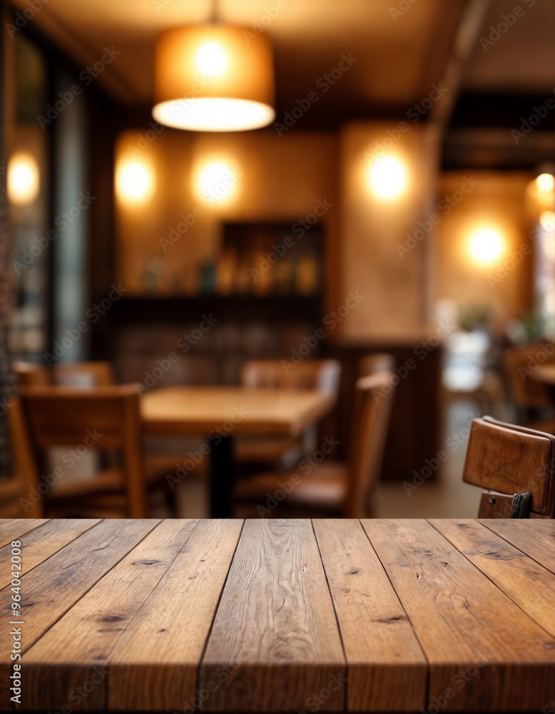 The empty wooden table top with blur background of restaurant. Exuberant image. The empty wooden table top with blur background of restaurant. Exuberant image.