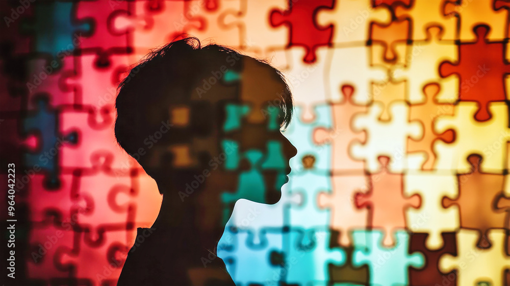 A profile silhouette stands against a colorful wall of puzzle pieces, showcasing a vibrant interplay of light and depth, embodying the essence of identity A profile silhouette stands against a colorful wall of puzzle pieces, showcasing a vibrant interplay of light and depth, embodying the essence of identity