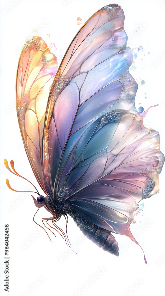 Fototapeta premium A glowing cartoon fairy butterfly with multicolored wings in lavender, aqua, and pink, flies against a white background. Its body sparkles, and its eyes twinkle with curiosity.