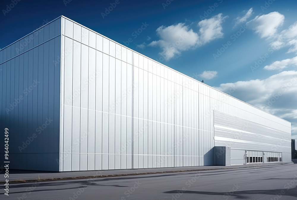 Modern Industrial Warehouse Building Against Blue Sky Modern Industrial Warehouse Building Against Blue Sky