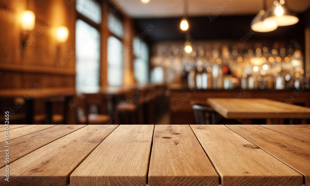 The empty wooden table top with blur background of restaurant. Exuberant image. The empty wooden table top with blur background of restaurant. Exuberant image.