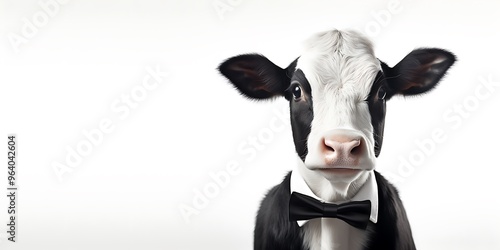 Funny black and white cow baby in suit and tie on gray background