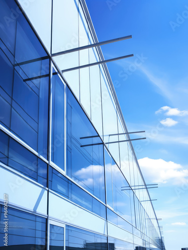 Sleek Modern Office Building Exterior Against Blue Sky