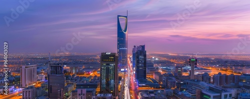 Obraz na płótnie Kingdom Tower and Cityscape at Dusk in Riyadh, Saudi Arabia w salonie