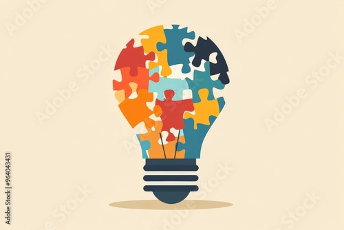 A flat design of a light bulb with various puzzle pieces fitting together within its glass, representing the process of solving problems to achieve growth. The puzzle pieces are arranged.