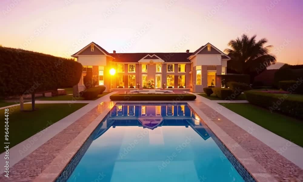 beautiful big and stately house with swimming pool, sunset