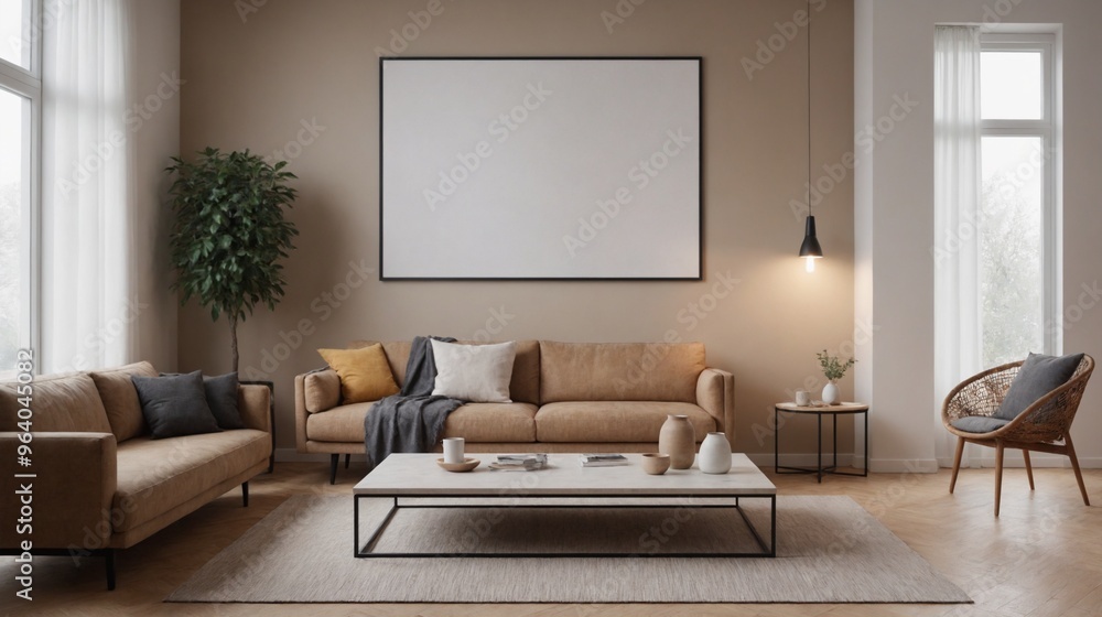 An empty living room interior design illustration template image, An empty photo frame on the wall interior mockup design. An empty living room interior design illustration template image, An empty photo frame on the wall interior mockup design.