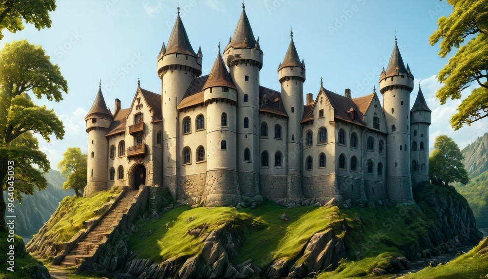 A grand medieval castle stands majestically on a lush green hill, surrounded by scenic landscapes and tall trees. The castle's impressive turrets and stone walls evoke a sense of history and grandeur A grand medieval castle stands majestically on a lush green hill, surrounded by scenic landscapes and tall trees. The castle's impressive turrets and stone walls evoke a sense of history and grandeur