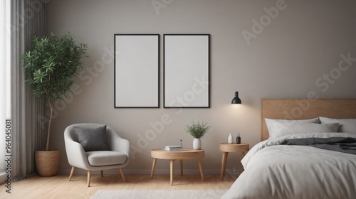 Master bedroom interior design illustration template image, An empty photo frame on the wall interior mockup design.