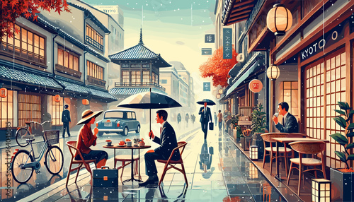 People holding umbrellas in rainy Kyoto. Vector illustration.