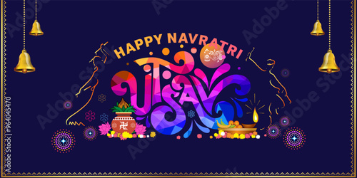 Modern festive background for Happy Navratri Utsav Logo with kalash and dandiya dance.