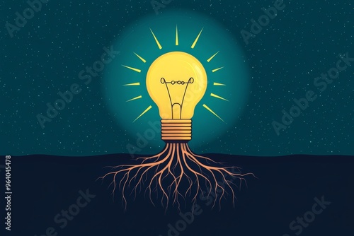 A flat design of a bright light bulb with roots extending from its base. The light bulb symbolizes innovative ideas, while the roots represent the process of ideas taking root.