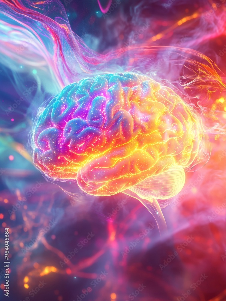 3D render of a colorful, glowing brain with smoke and energy waves emanating from it 3D render of a colorful, glowing brain with smoke and energy waves emanating from it