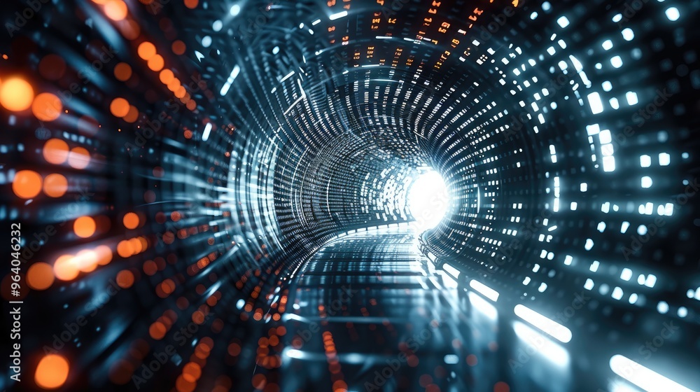 Abstract tunnel with geometric shapes and digital codes, representing innovation and technology, digital illustration. Generative AI. Abstract tunnel with geometric shapes and digital codes, representing innovation and technology, digital illustration. Generative AI.