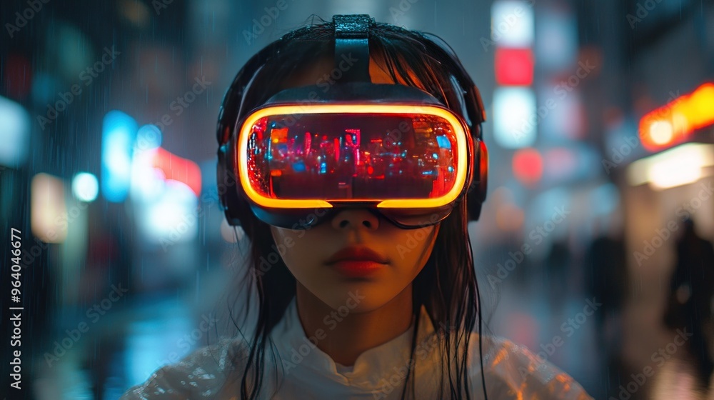 A young woman wearing a VR headset stands in a futuristic city at night. The headset displays a reflection of the city lights. A young woman wearing a VR headset stands in a futuristic city at night. The headset displays a reflection of the city lights.