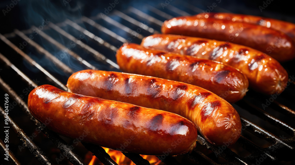 Sizzling Hot Grilled Sausages on Barbecue Grill Sizzling Hot Grilled Sausages on Barbecue Grill