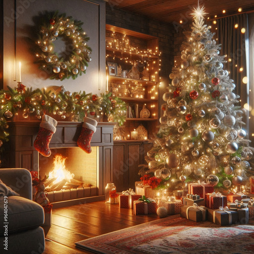 Cadeaux au pied du sapin et feu de cheminée, salon décoré pour Noël, ambiance festive et lumineuse, illustre la magie de Noël et l'attente des cadeaux 