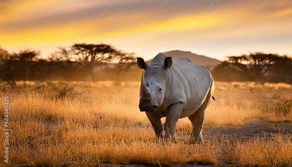 Obraz premium シロサイのいる風景、アフリカの夕焼け