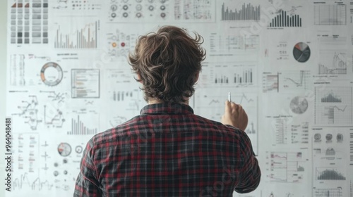 A man is standing in front of a white board with many graphs and charts