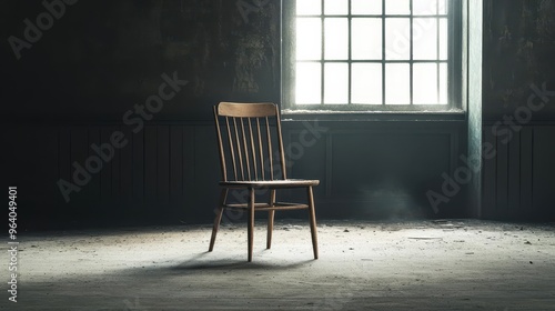 A solitary chair in an abandoned room, surrounded by dust and silence, filled with the weight of time