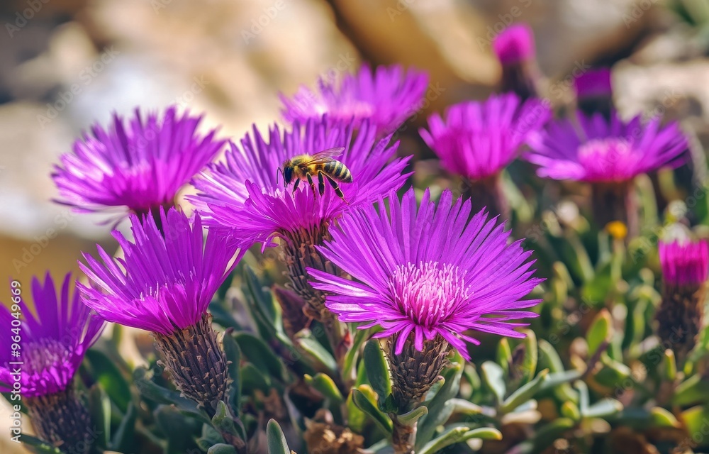 Obraz premium purple ice plant flowers with green leaves and some bees