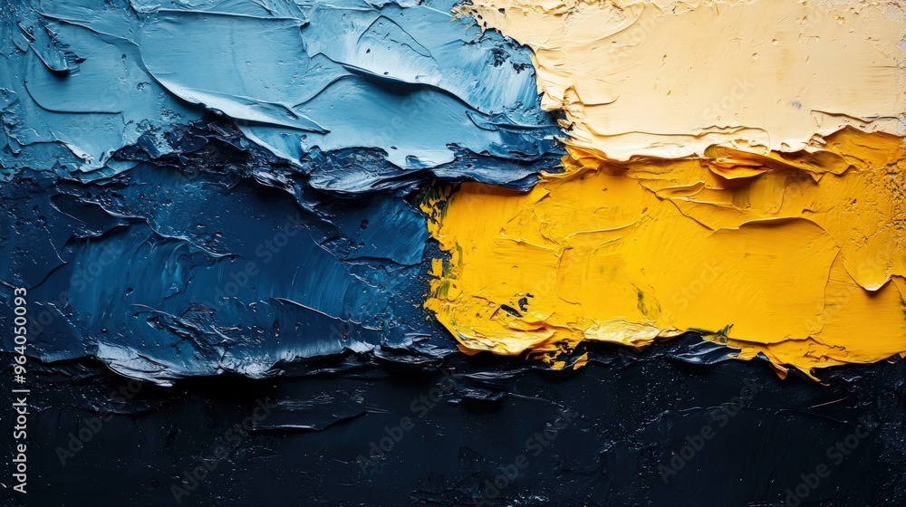 Obraz premium Abstract painting with blue, yellow, and cream oil paint.