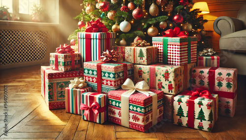 cadeaux de noël en gros plan devant le sapin décoré, lumière du matin, illustre le moment avant l'ouverture des cadeaux et la magie de noël, les couleurs des cadeaux sont rouge blanc et vert 