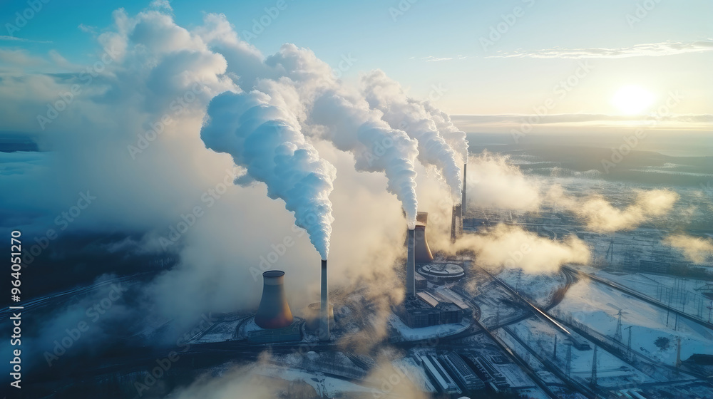 Fototapeta premium Industrial Dawn: Emissions Over Power Plant