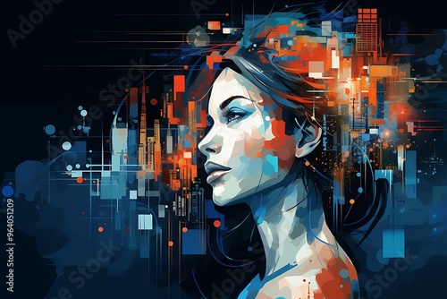 3d rendering of a female face with futuristic digital interface on the background
