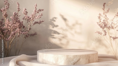 Stone display podium on a soft boho background 3D rendering for packaging presentation and cosmetic promotion Realistic natural beauty pedestal visualization photo