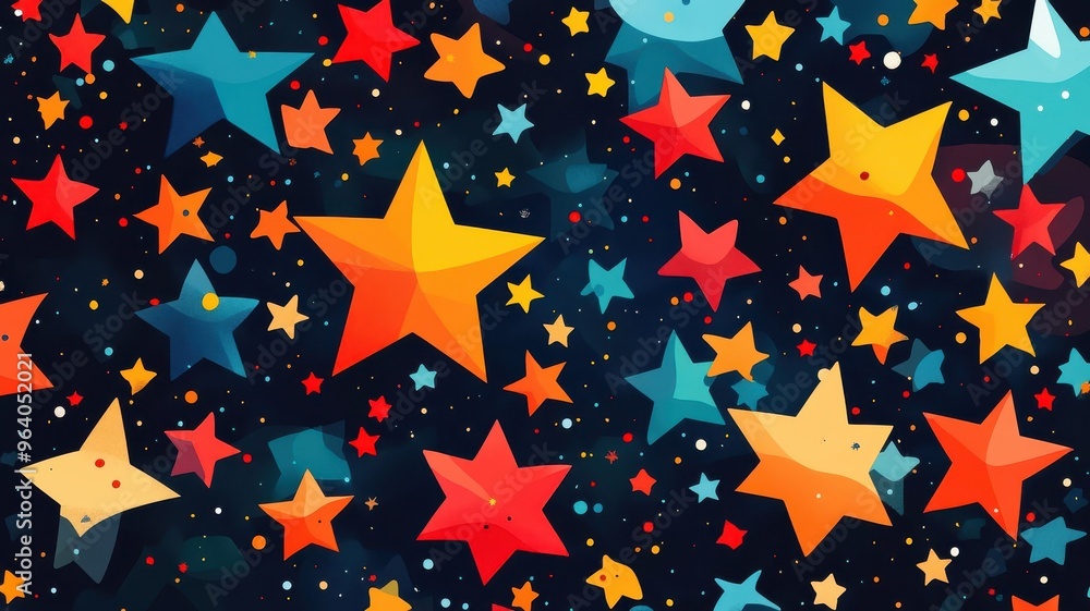 Stars illustrated in flat design style with bold shapes, clean lines, and vibrant, contrasting colors. Stars illustrated in flat design style with bold shapes, clean lines, and vibrant, contrasting colors.