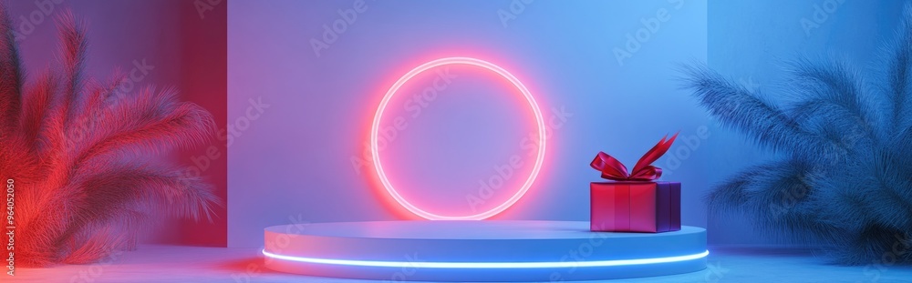 Abstract background featuring a geometric circular podium for showcasing products or special occasions accompanied by a flying open gift box adorned with a red ribbon set against a white backdrop Abstract background featuring a geometric circular podium for showcasing products or special occasions accompanied by a flying open gift box adorned with a red ribbon set against a white backdrop