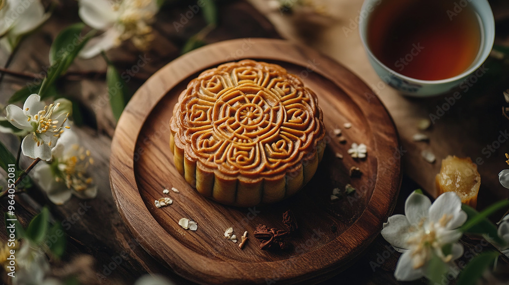 A close-up shot of a beautifully crafted traditional mooncake with intricate patterns on its surface, set on a wooden plate, surrounded by tea and flowers, celebrating the Mid-Autumn Festival. A close-up shot of a beautifully crafted traditional mooncake with intricate patterns on its surface, set on a wooden plate, surrounded by tea and flowers, celebrating the Mid-Autumn Festival.