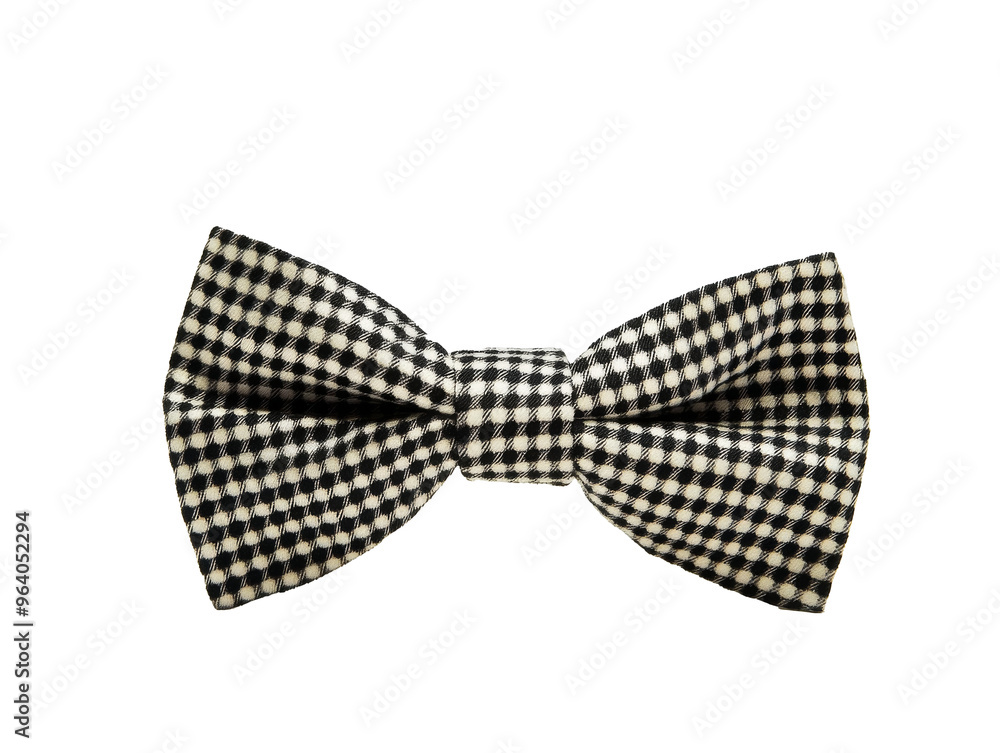 Classic black and white checked bow tie on display, cut out transparent Classic black and white checked bow tie on display, cut out transparent