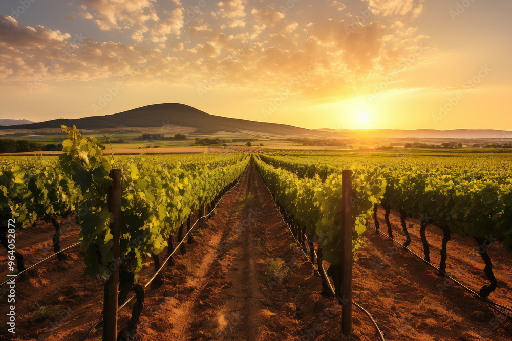 Fototapeta premium Majestic Sunset Over Lush Vineyard Landscape