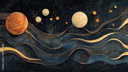 Solar system in Art Nouveau style with elegant curves, ornate planetary designs, and flowing, decorative orbital elements. photo