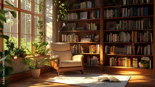 A cozy reading nook with a comfy armchair, large windows, and a bookshelf filled with books.