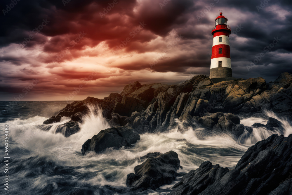 Majestic Lighthouse Overlooking Turbulent Ocean Waves Majestic Lighthouse Overlooking Turbulent Ocean Waves