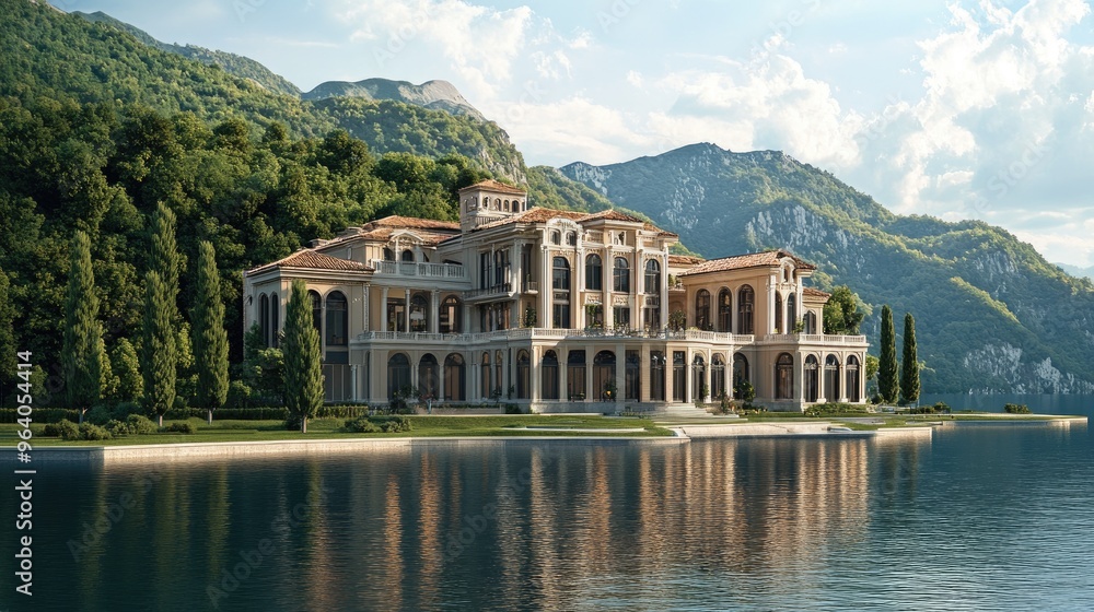 Obraz premium A beautiful and elegant large building sitting gracefully by the edge of a serene body of water, surrounded by a realistic natural backdrop