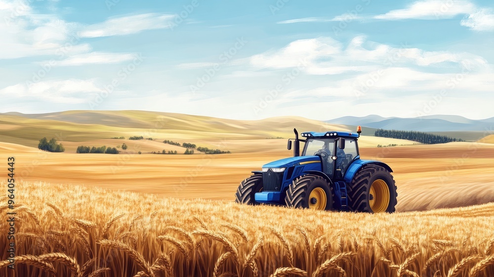 A beautiful blue tractor driving through golden wheat fields, set against a realistic rural backdrop with clear skies and rolling hills A beautiful blue tractor driving through golden wheat fields, set against a realistic rural backdrop with clear skies and rolling hills