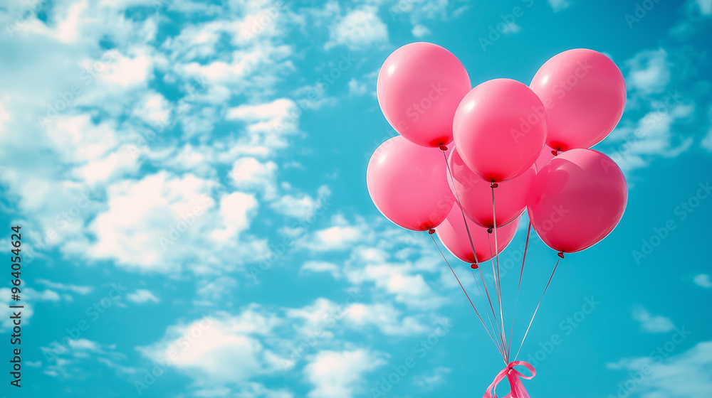 Pink balloons floating against a bright blue sky are perfect for celebrations, breast cancer awareness campaigns or to symbolize hope and upliftment Pink balloons floating against a bright blue sky are perfect for celebrations, breast cancer awareness campaigns or to symbolize hope and upliftment