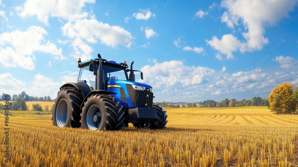 A blue tractor moving through expansive farmland, with a realistic backdrop of golden fields, distant trees, and clear skies A blue tractor moving through expansive farmland, with a realistic backdrop of golden fields, distant trees, and clear skies