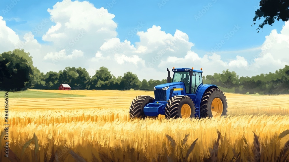 Obraz premium A blue tractor moving through expansive farmland, with a realistic backdrop of golden fields, distant trees, and clear skies