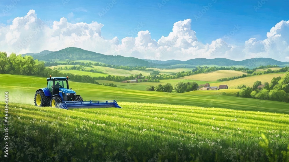 A blue tractor plowing through a vibrant green field, with a realistic rural landscape of farms and hills in the distance A blue tractor plowing through a vibrant green field, with a realistic rural landscape of farms and hills in the distance